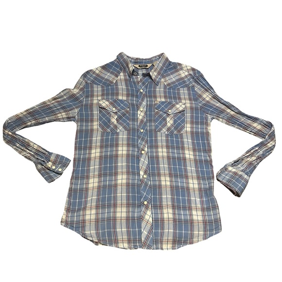 Salt Valley Western Plaid Snap Button Shirt Blue/Cream Long Sleeve Cotton Large - Picture 9 of 9